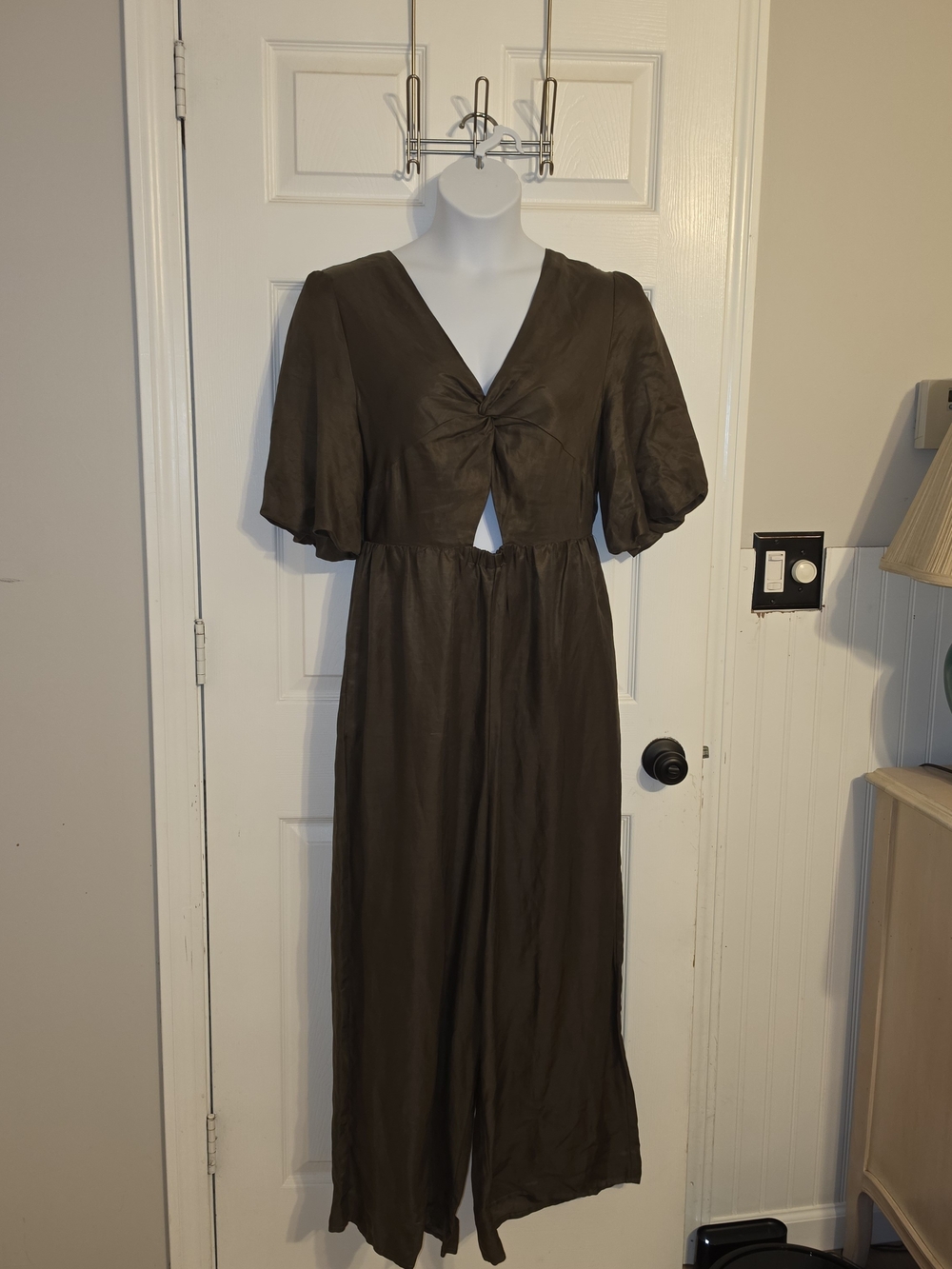 Sancia Olive Green Puff-Sleeve Jumpsuit with Front Cut Out - Aus 1X, US12